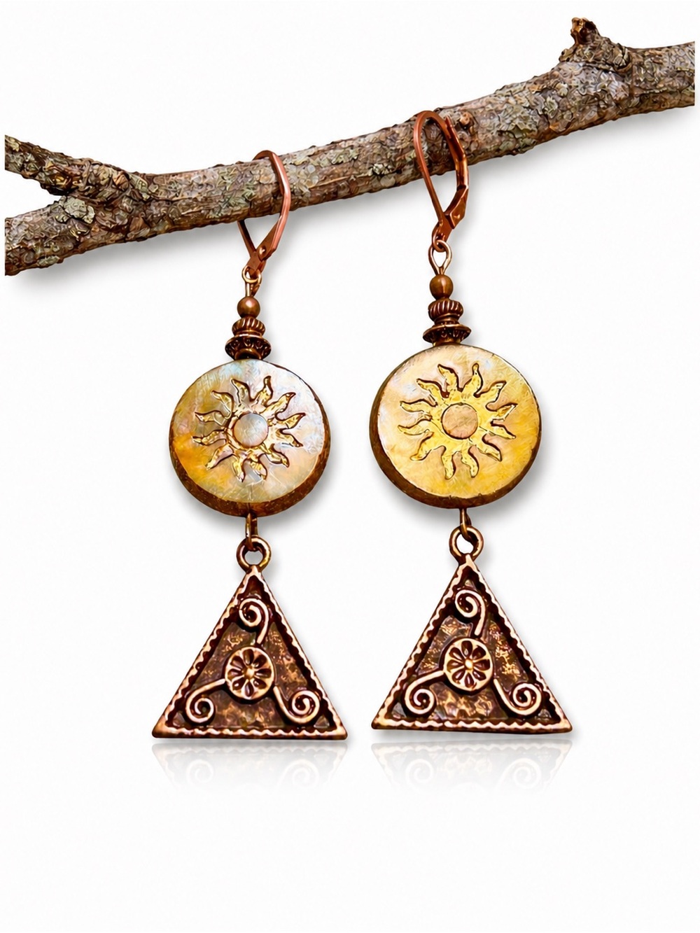 Boho Bronze Dangle Czech Glass Golden Sun, Tribal Triangle Earrings, Lever Back